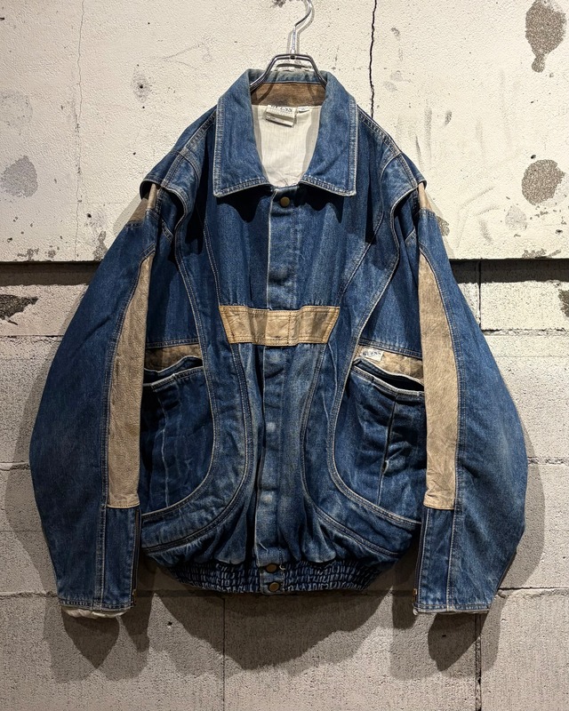 【Caka otto】80’s “GUESS” Leather Switching Vintage Oversized Denim Jacket