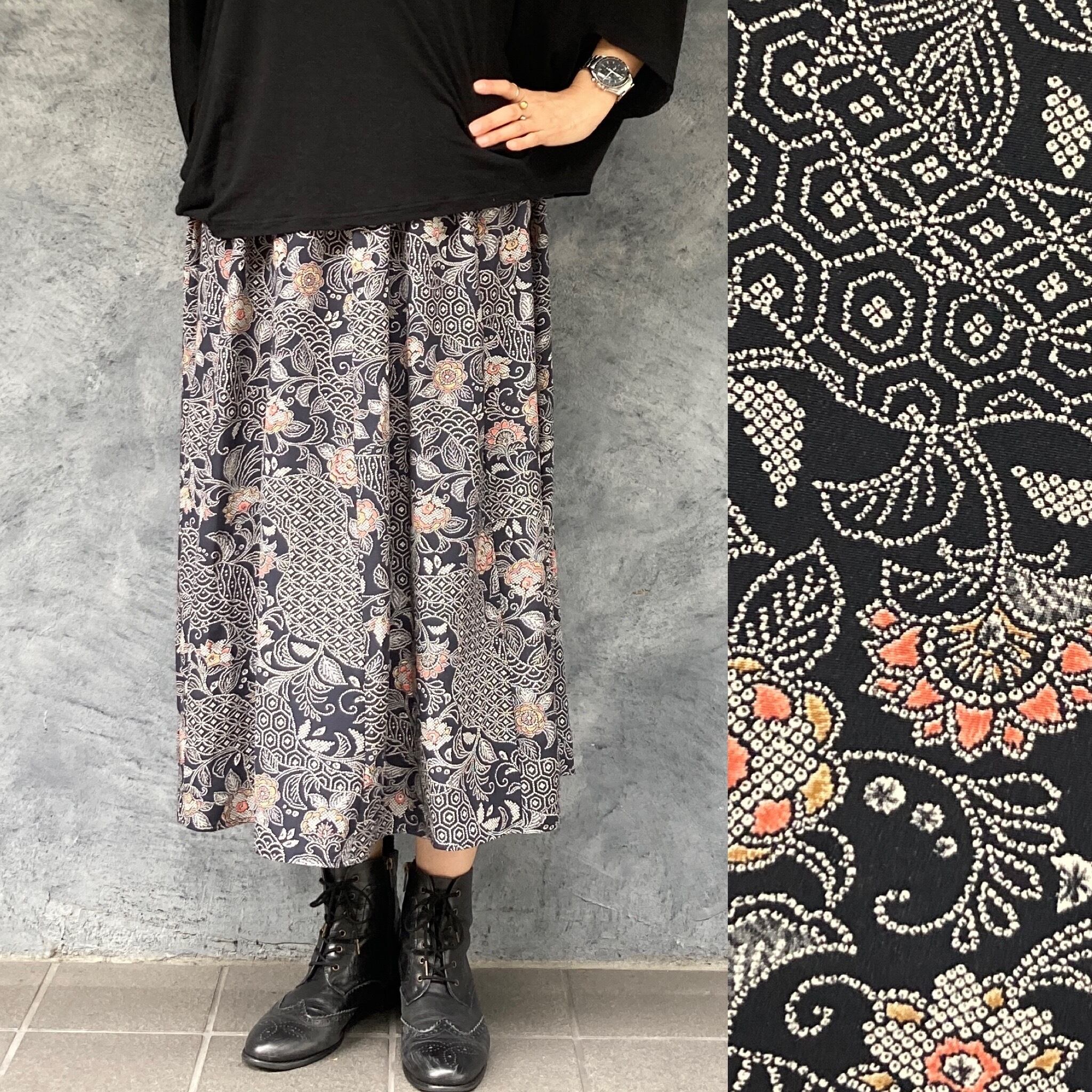 着物リメイクギャザーロングスカート - kimono elastic waist skirt 
