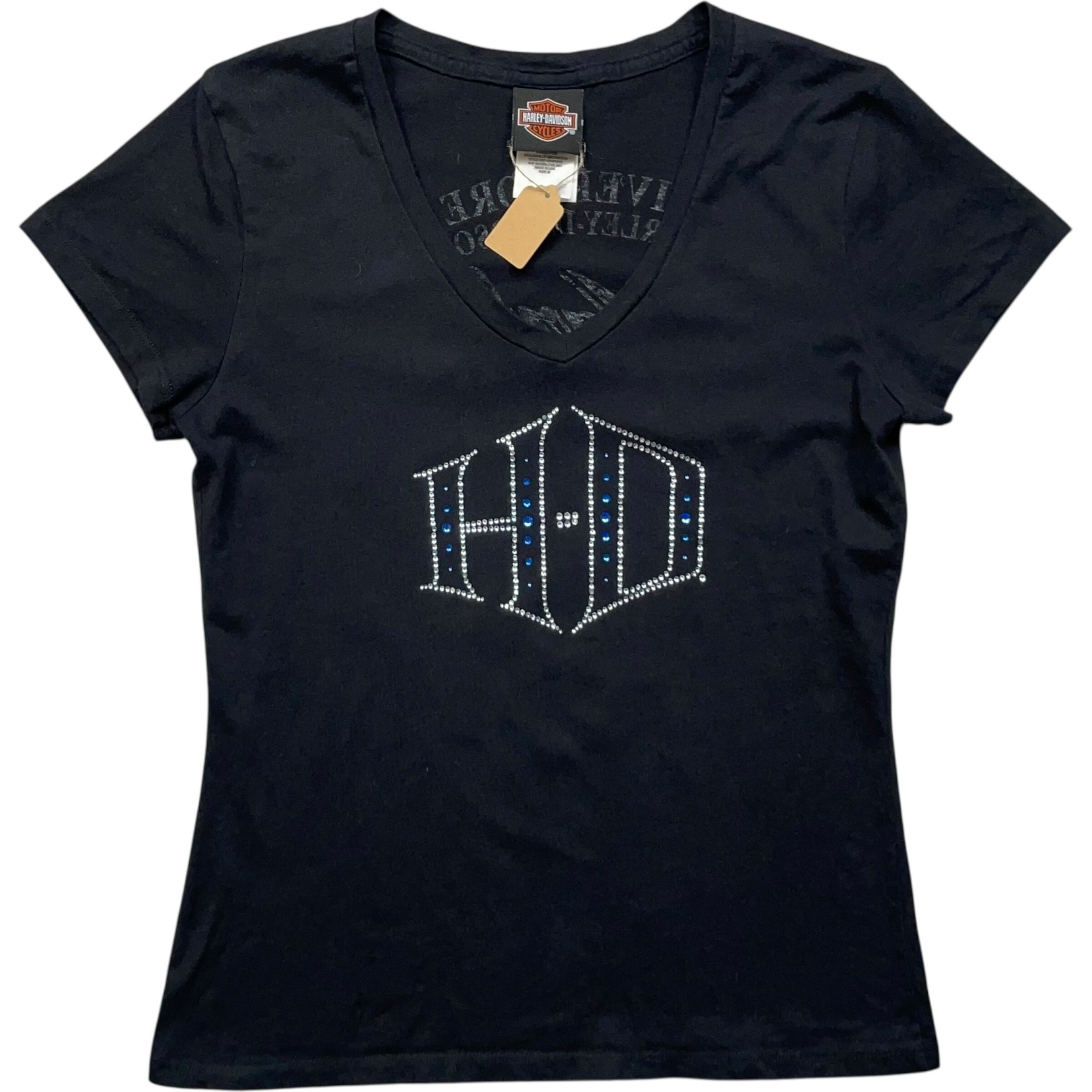 《レディースM》Harley-Davidson ハーレーダビッドソン Tシャツ Vネック ラインストーン ロゴ リバモア USA製 no.8419