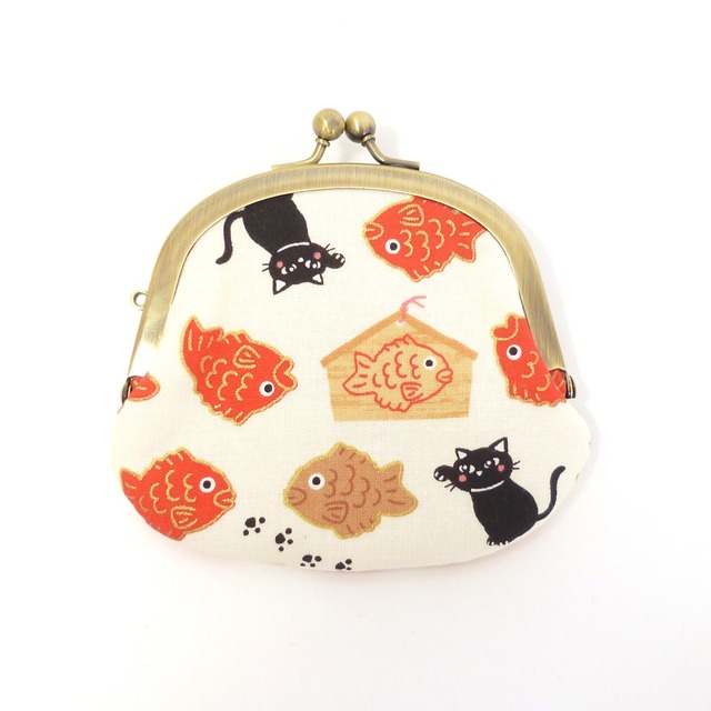 がま口小銭入れ 鯛とたい焼きと猫柄 白 和柄 コインケース G605 3.3寸