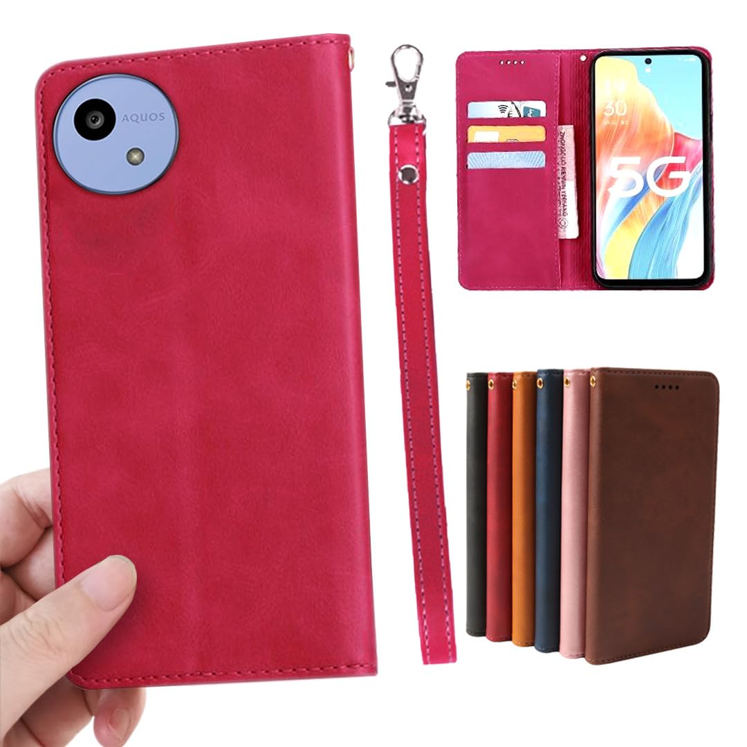 AQUOS Wish5 SH-52F SH-M32 ケース 手帳型 ストラップ 同梱 適用 アクオス ウィッシュ5 手帳型ケース ウィッシュ5ケース Aquoswish5 カバー 手帳 Aquoswish5ケース ウィッシュ5 手帳型カバー wish5 case 【GoKIGIoD】 財布型 内蔵マグネット 弱磁 カード収納 ストラップホール スタンド機能 耐衝撃 レトロ ローズレッド
