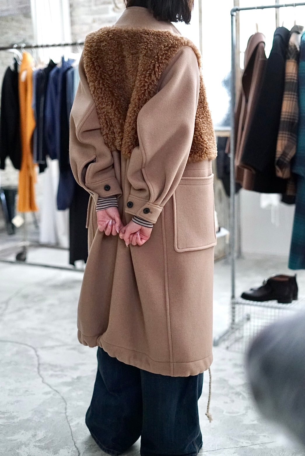 HYKE / DOUBLE FACE FAUX SHEARLING DUFFEL COAT (BLACK, BEIGE, CREAM