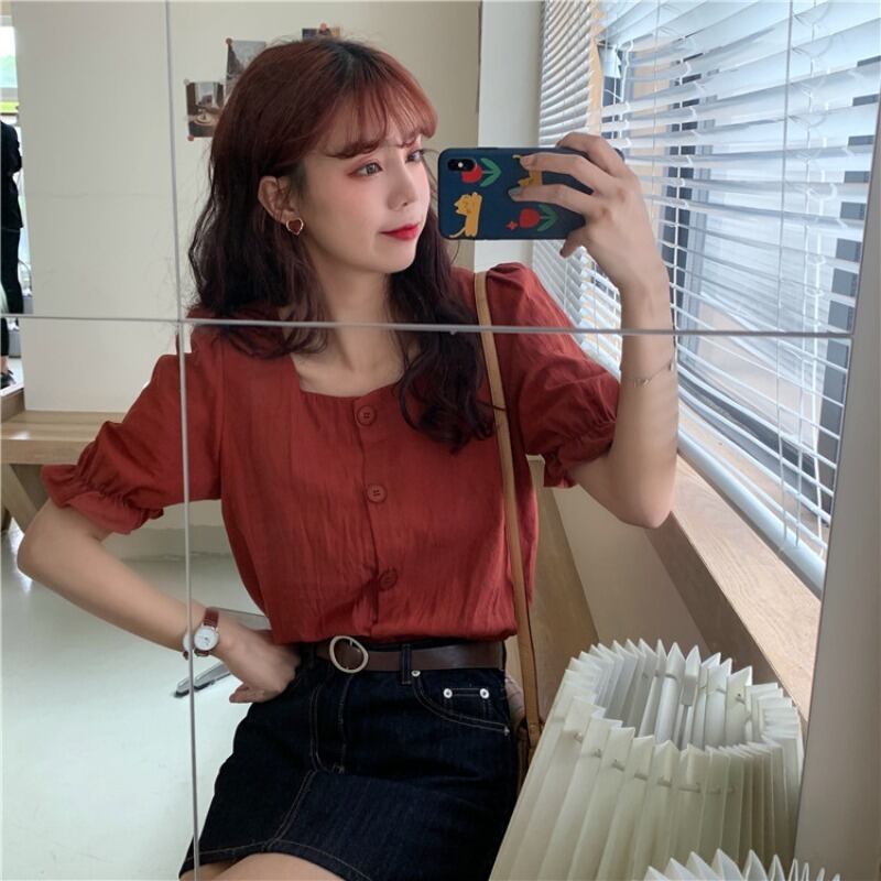 サマーレッドスタンダードカラースタイルスリーブシャツ レトロ レース 夏物 スクウェア YY-ファッション5489012936