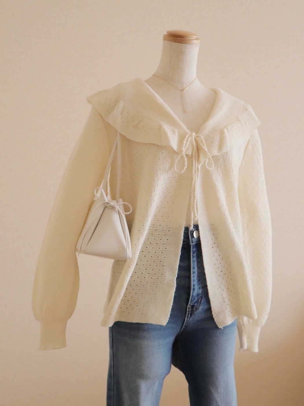 ●70-80s Europe ribbon & collared design cardigan