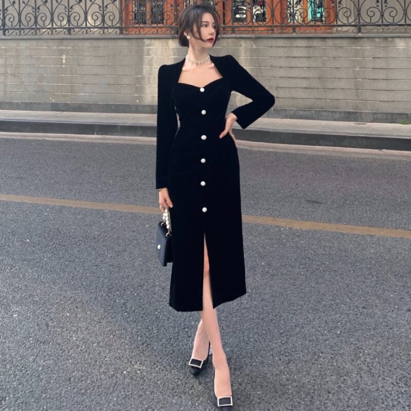 ドレス ゴールドベルベットスカート オータムウィンタースリム ロング 秋物 冬物 YY-ファッション32411176380