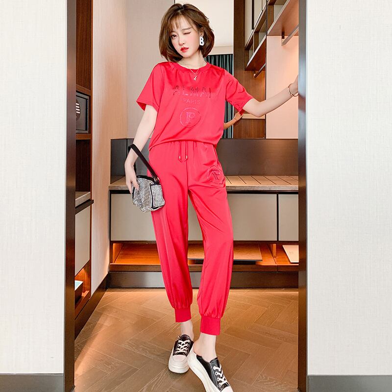 ラインストーンラウンドネックTシャツ ストレッチウェストパンツ オータム エラスティック 伸縮 秋物 Oネック MIUCO85917815528