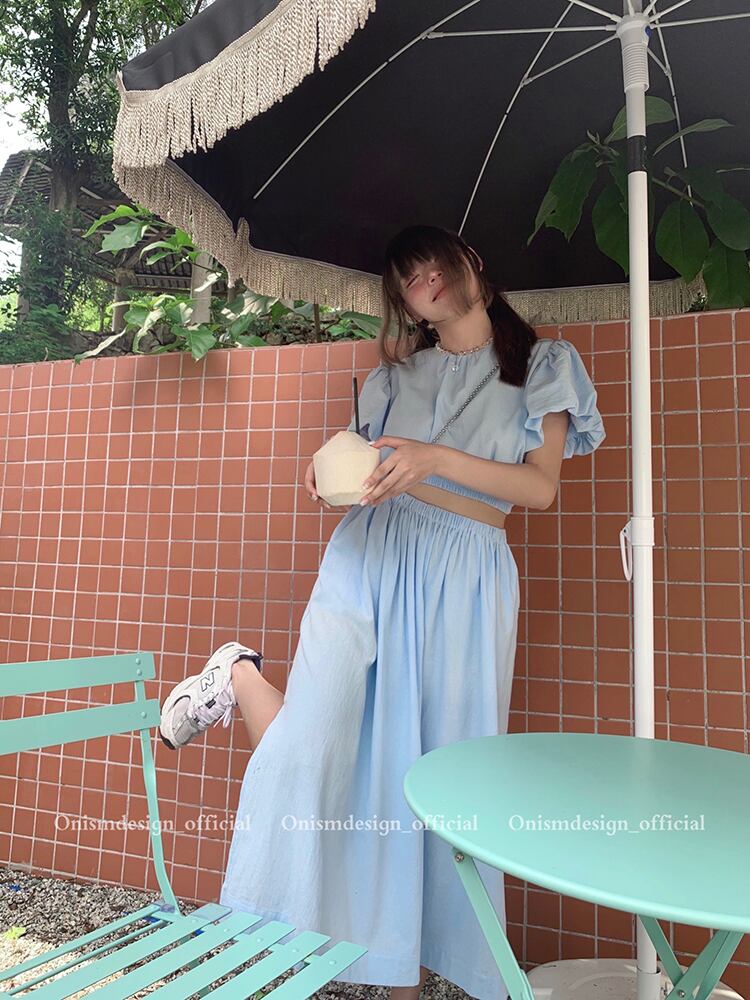 スリーブカラープリーツ半袖トップス サマースタイルウェストスリットスカート ショート ハーフスリーブ 夏物 ピュア ビッグFスモールZ韓国86521739533