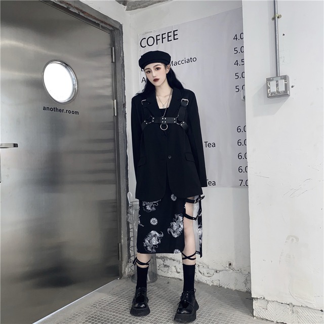 Top Mode ベルト付きアシメスカート ボトムス スカート アシメデザイン アシンメトリー ミディ丈 スリット 変形 カジュアル モノトーン パンク レディース ストリート モード系 個性的 おしゃれ ファッション Rock ドラゴン 柄物 黒 ブラック Rmd534 Top Mode