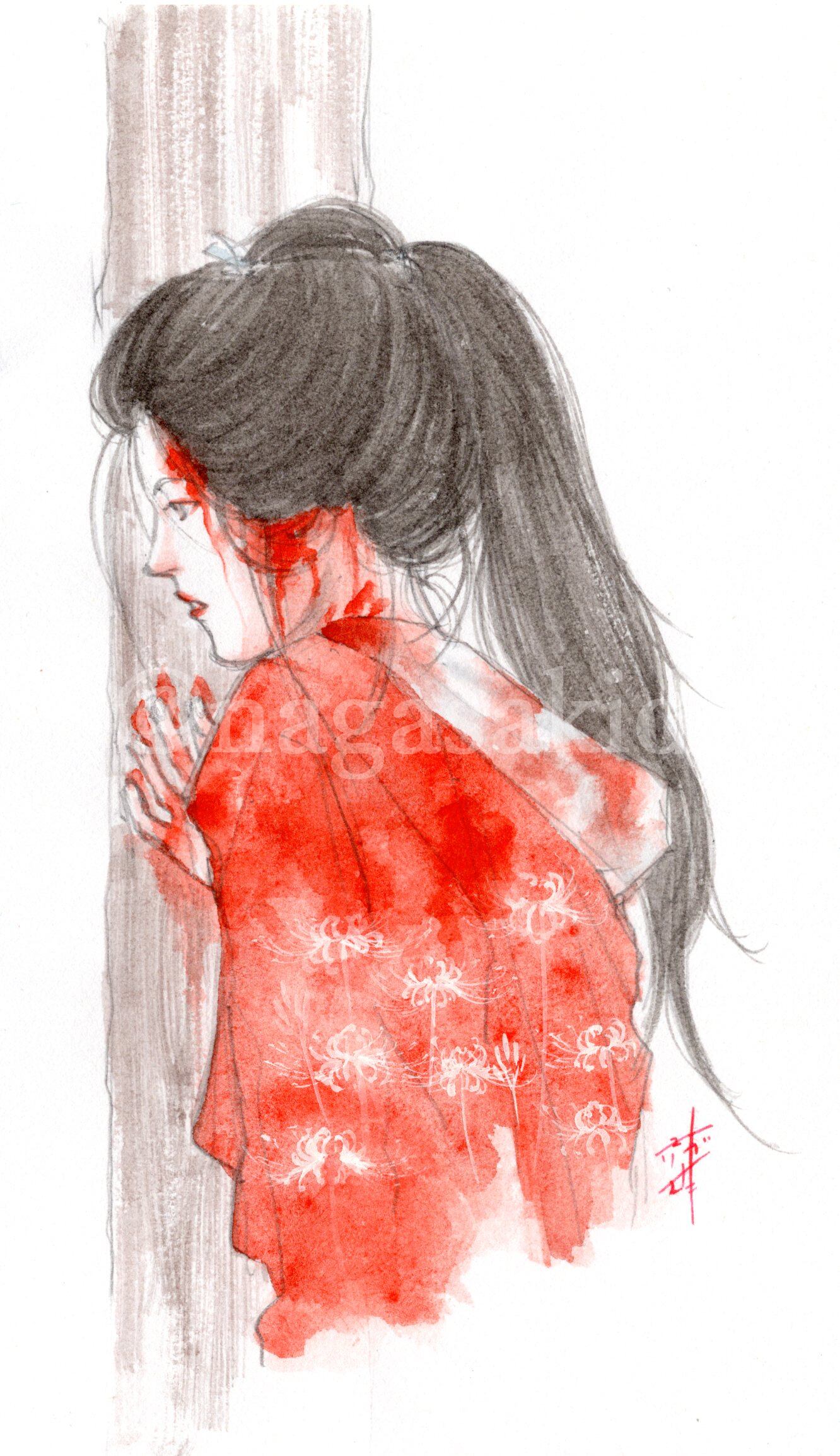 直筆：ドローイング 血濡れの女性／短冊絵 赤い目隠しと縄 ※短冊絵のみ