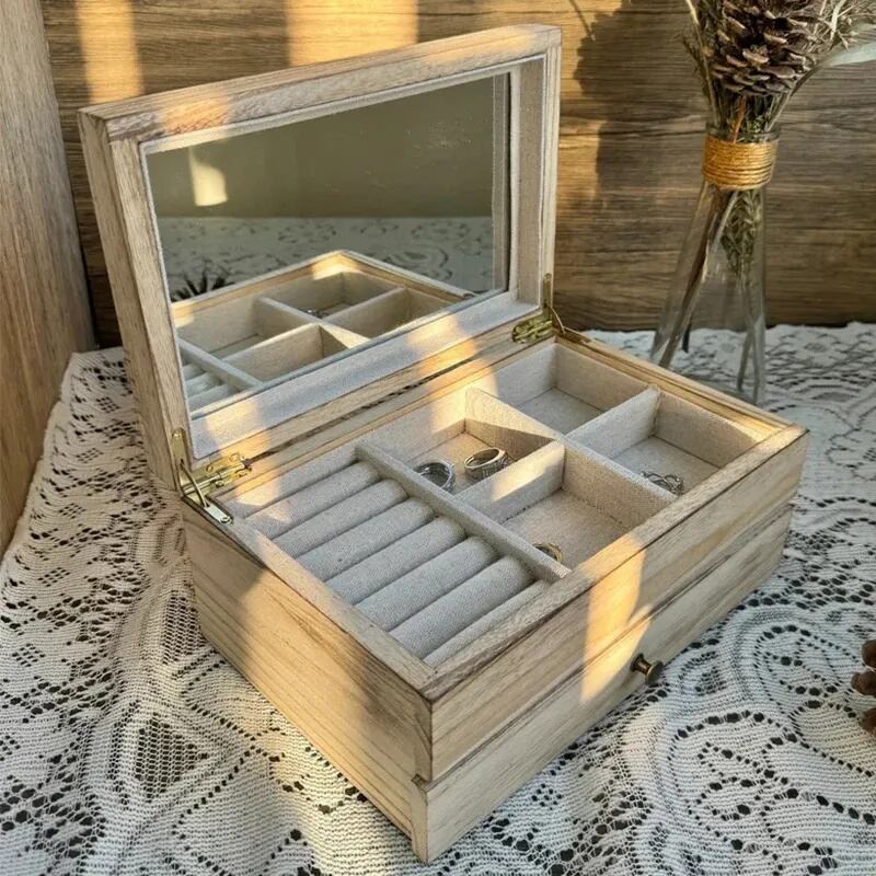 ジュエリー ボックス エレガント 2段 木製 ミラー 付き ナチュラル