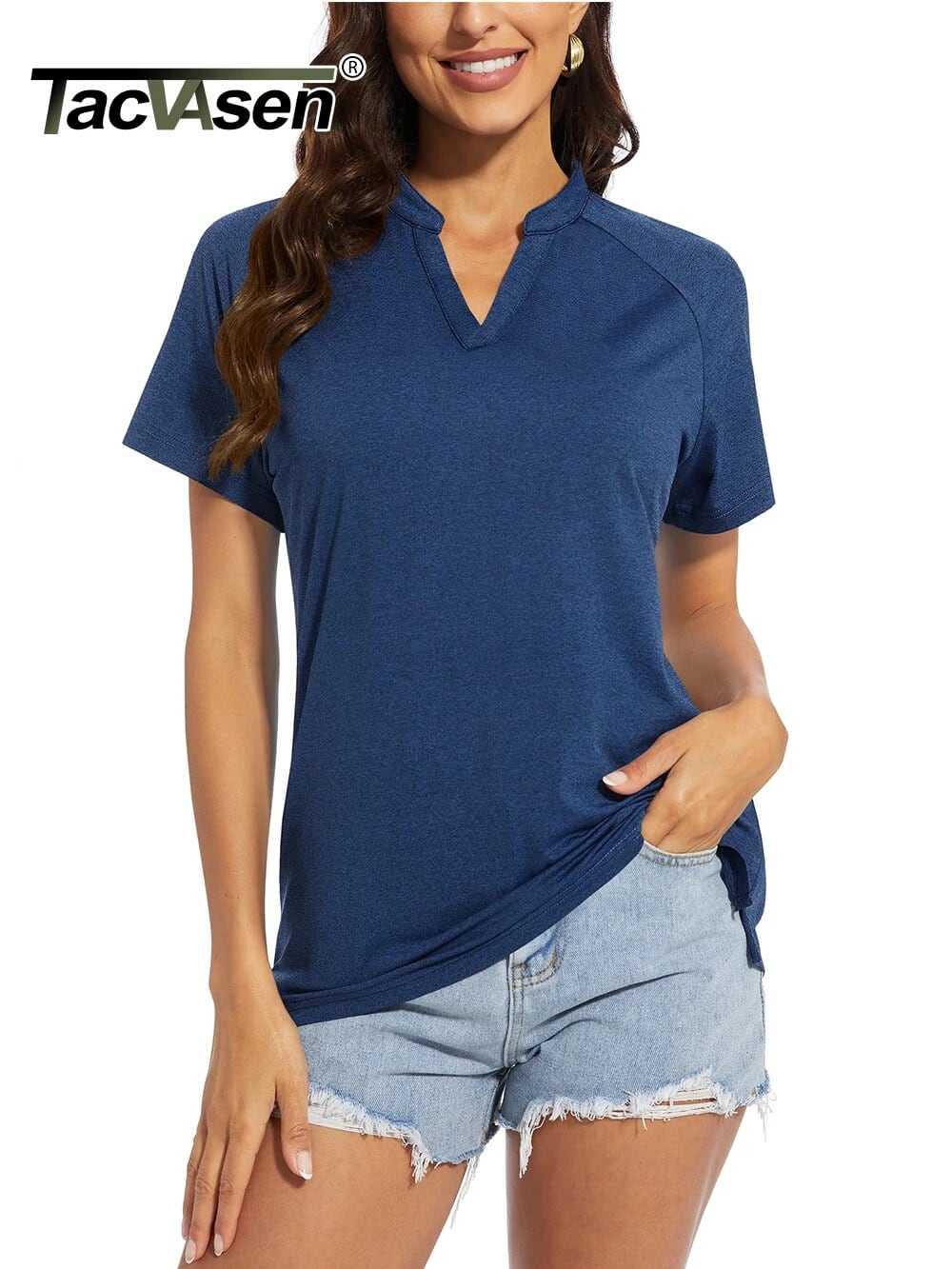TACVASEN 女性用半袖Tシャツ,ゴルフ,テニス,ハイキング,アウトドアスポーツ,50 Vネック,upf