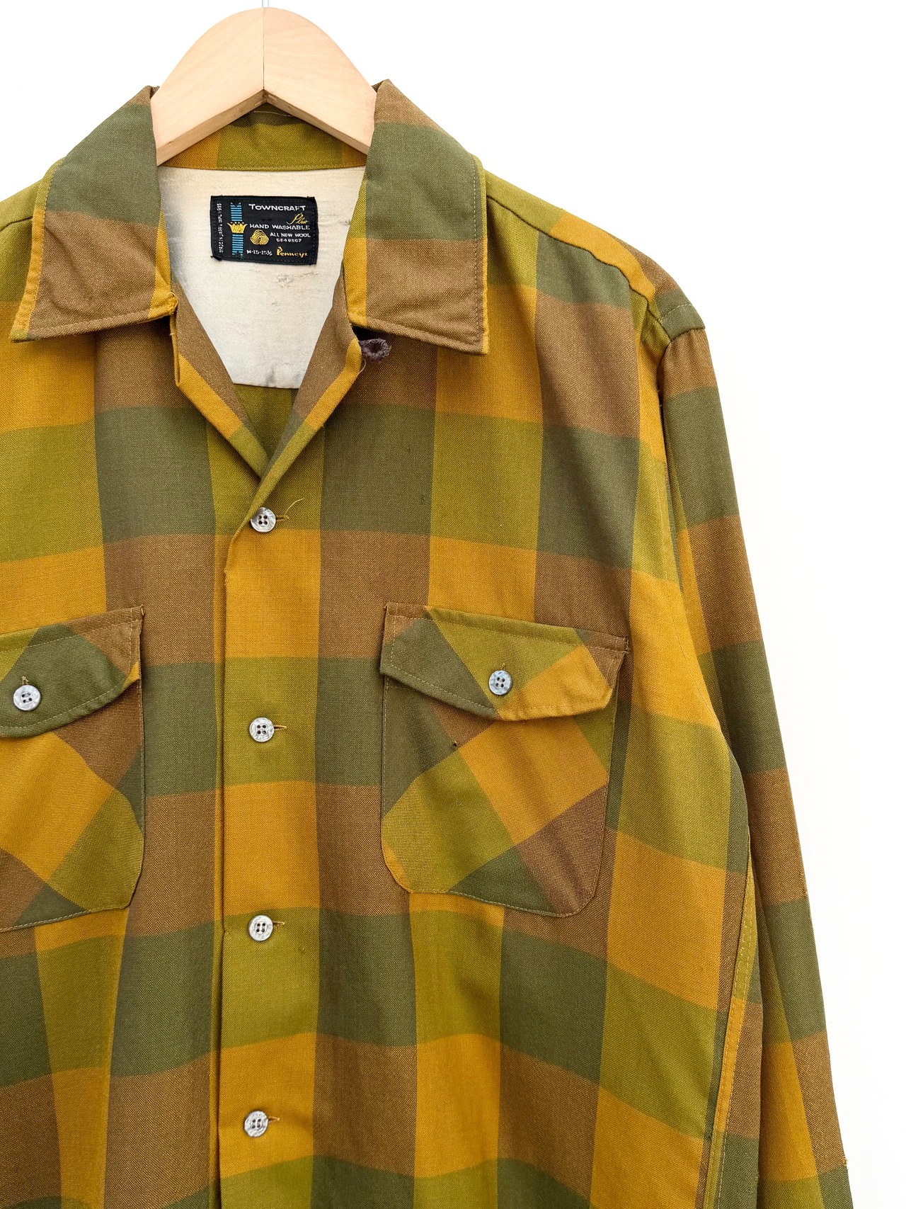 60s TOWN CRAFT "BLOCK CHECK" L/S OPEN COLLAR SHIRT MADE IN JAPAN Size M