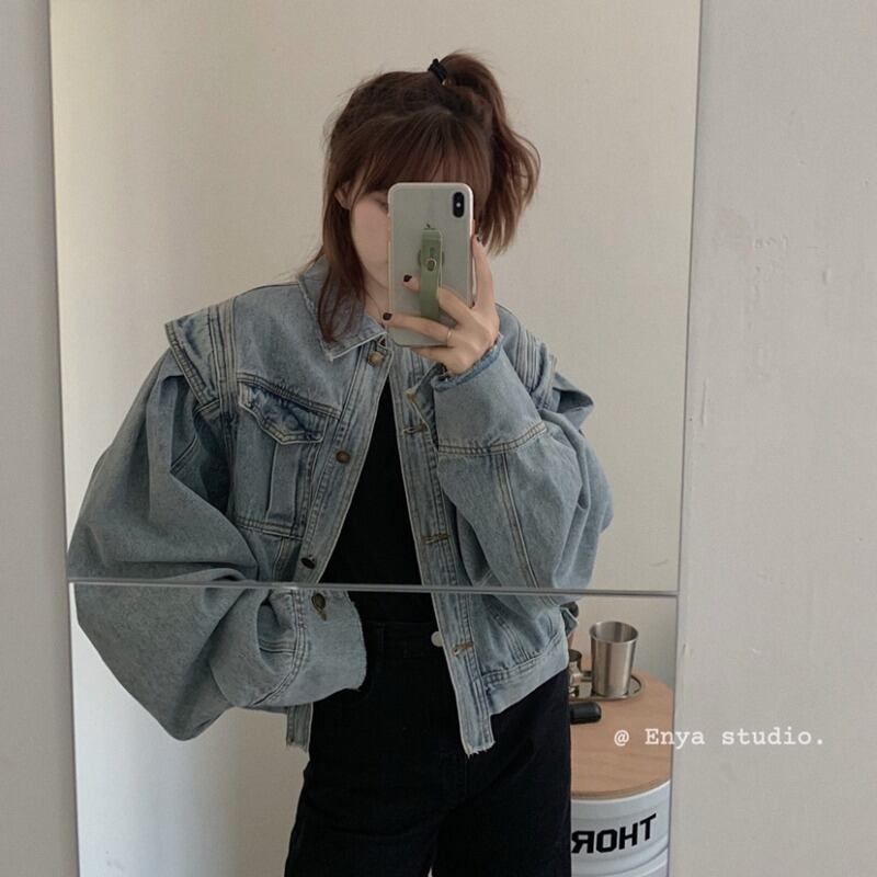 ショートスタンダードスタイルスプリングルーズトップス レトロ 春物 ブラックストロベリース83614225239