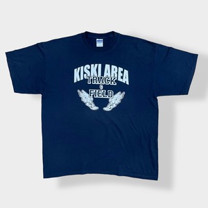 【GILDAN】高校 陸上部 プリント Tシャツ ロゴ バックプリント 半袖 X-LARGE ビッグサイズ ネイビー US古着