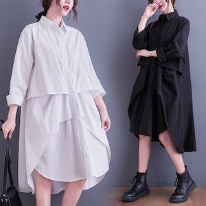 LAYERED DESIGN SOLID MIDI SHIRT DRESS 2colors M-4356