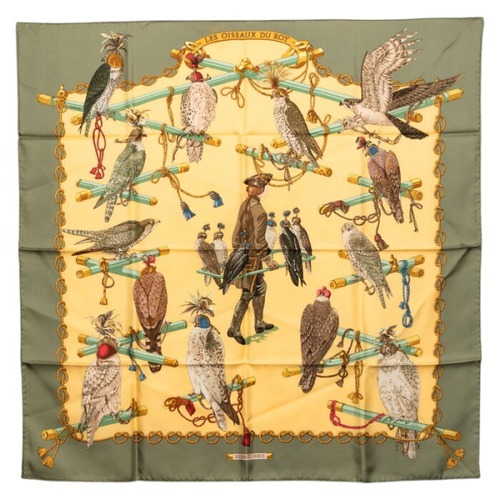 エルメス カレ90 LES OISEAUX DU ROY 王の鳥たち スカーフ カーキグリーン マルチカラー シルク レディース HERMES 【中古】