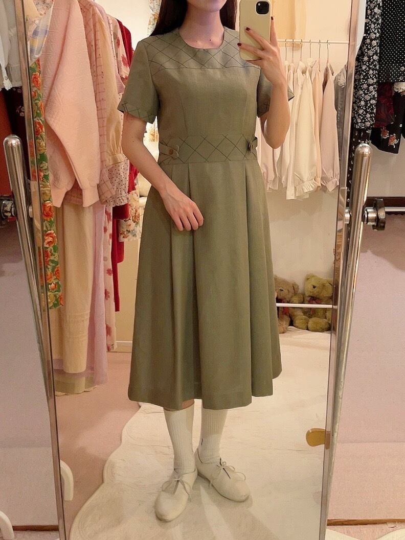 moss green check stitch one-piece