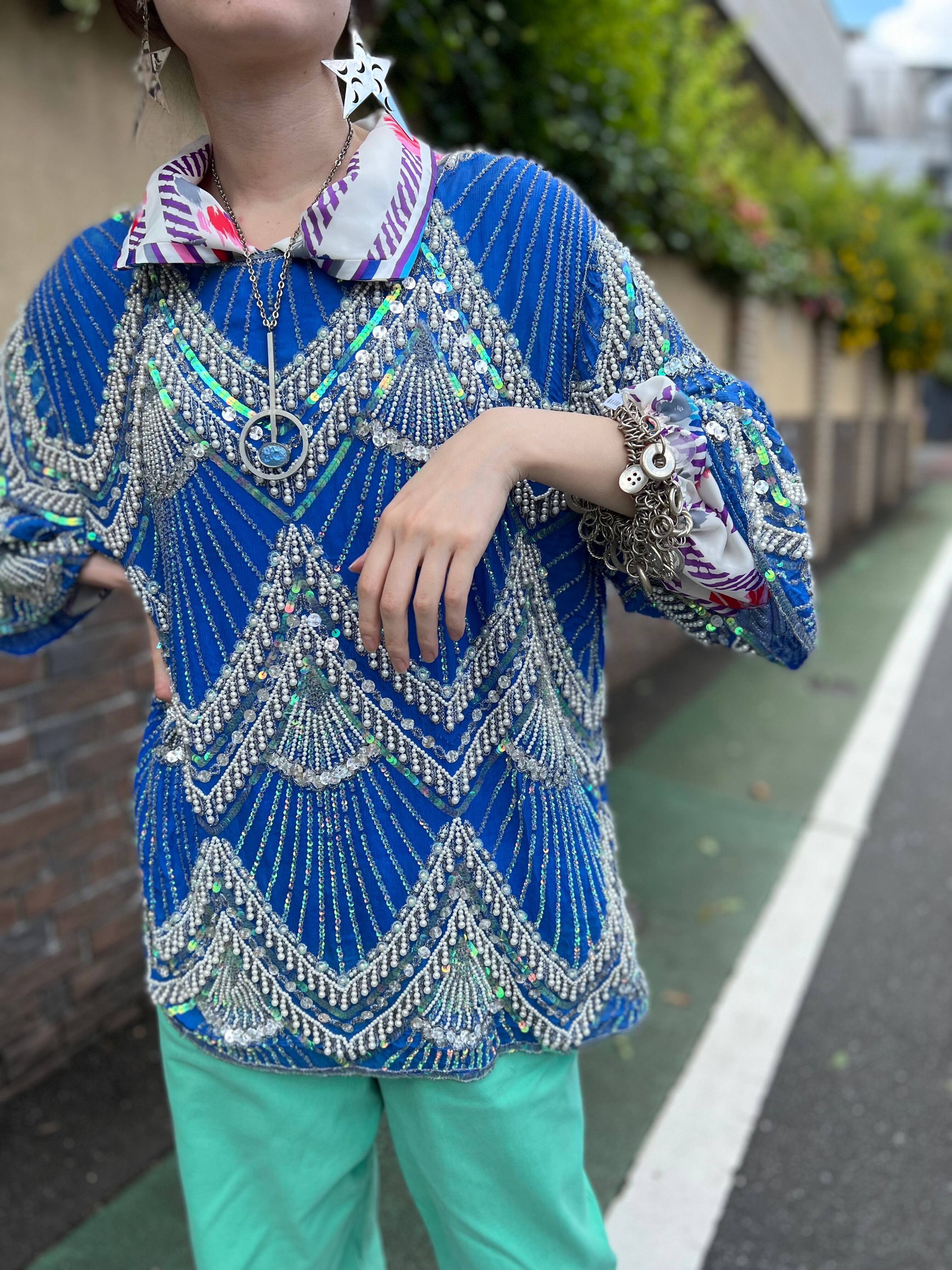 80s blue × spangle × beads silk tops ( ヴィンテージ ブルー ...