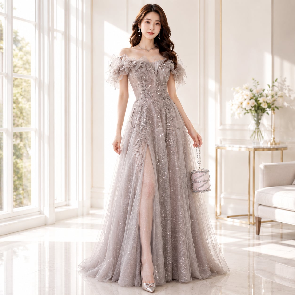 Frill Off-Shoulder Maxi Dress(2color) V3316