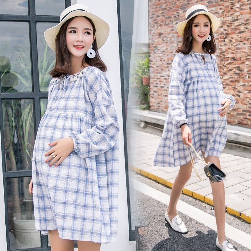 【新作】【送料無料】 1780＃マタニティ服春秋綿とリネンチェック柄長袖ゆったりとしたスタイリッシュなドレス妊婦ママドレス ロング コットン スプリング 春物 オータム 秋物 AL expec353079005771
