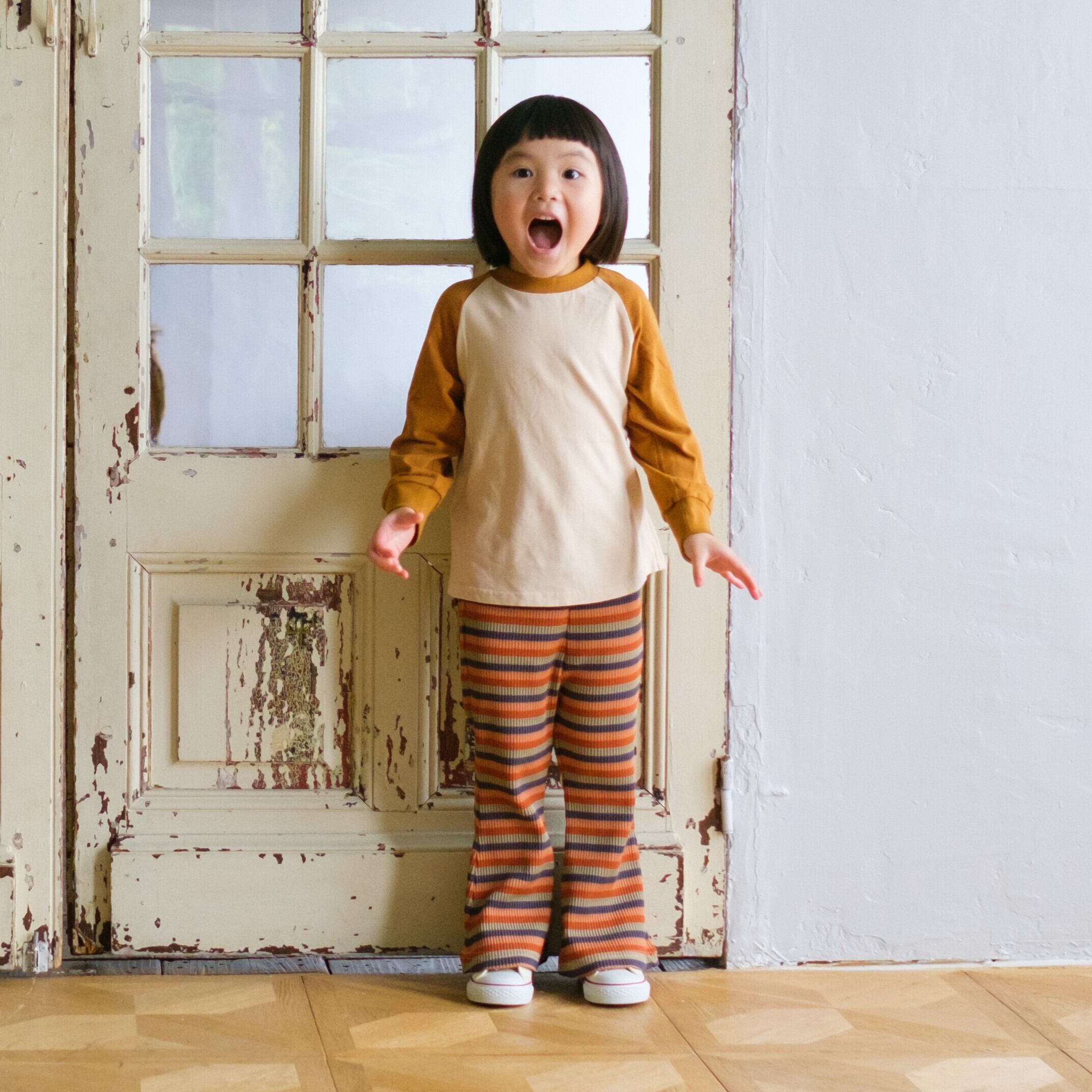 【25AW】&PAL(アンドパル)ボーダーリブパンツ レッド(80/90/100/110/120)パンツ リブ フレア