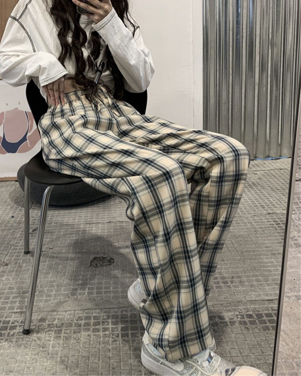 ベージュチェックパンツ Full エモい系 韓国ファッション
