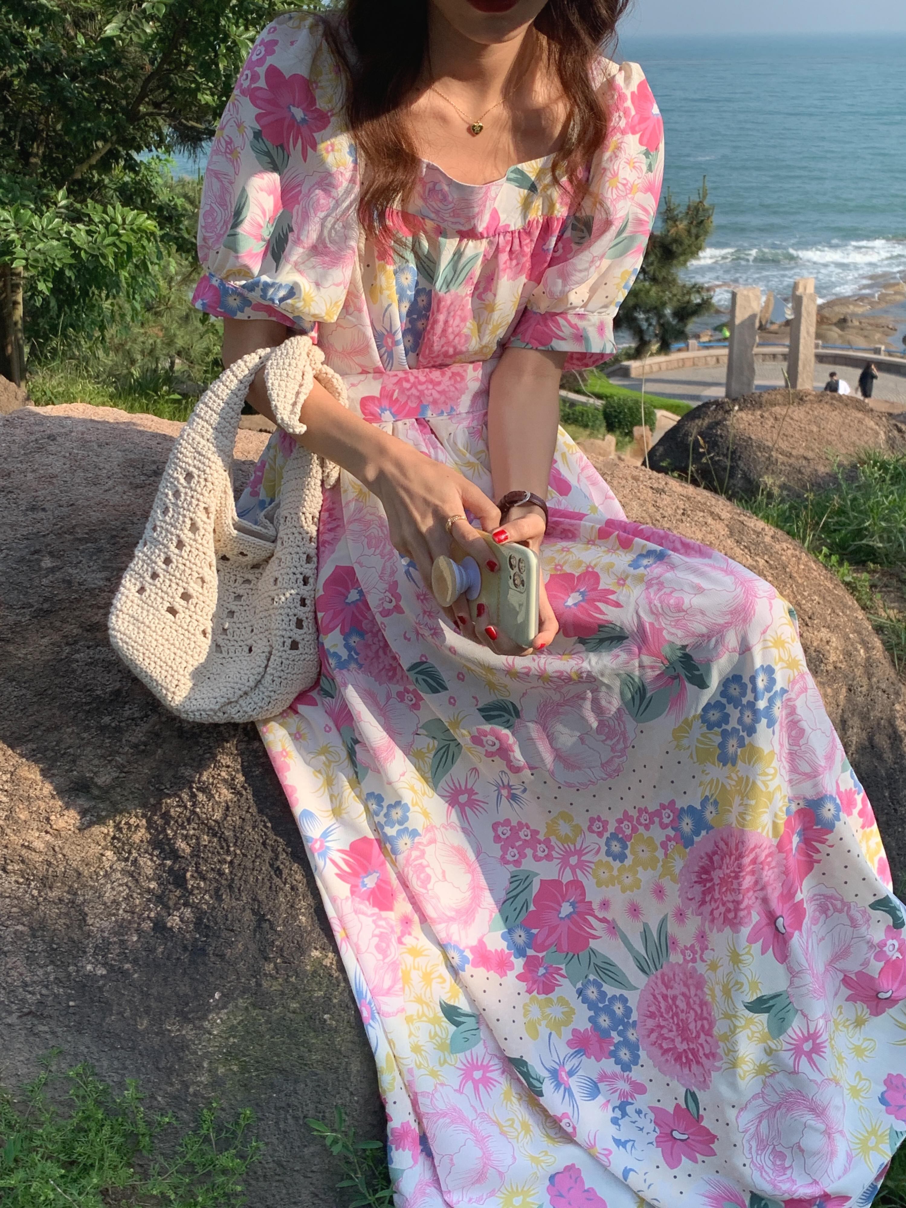 カラースリーブドレス サマースタイルプリーツハイウェストウェストロングスカート 大人ガーリー スウィート キュート カジュアル 夏物 ビッグFスモールZ韓国28676602469