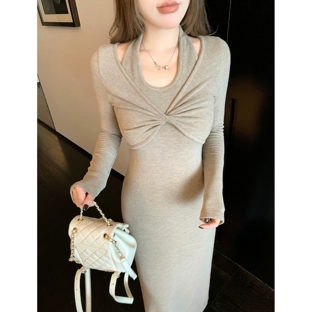 Twist neck strap long dress　M1855