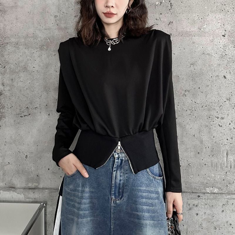 BLACK SHOULDER PADDED SLIM WAIST DESIGN TOP 1color M-15344