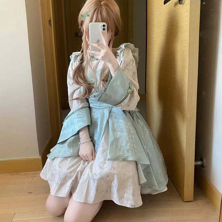 ワンピース ノースリーブ フリル ボリューム スタンドネック 中華