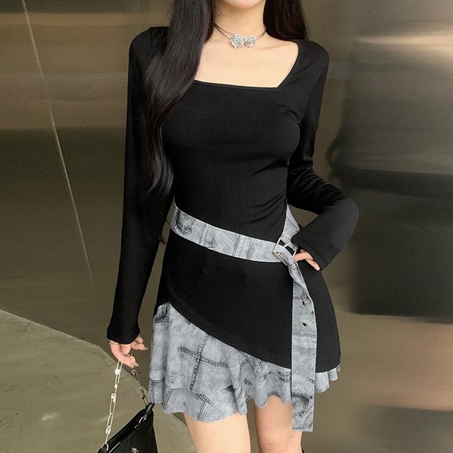 裾2段フリル リブワンピ レディース ワンピース スリム 細身 スマート レイヤード風 デニム調生地切替え マイクロミニ ミニ 膝上 長袖 スクエアネック 襟なし リブ 切り替えデザイン ドッキング 異素材ミックス ストレッチ 伸縮性 ベルト付き かわいい 大人可愛い きれいめ シンプル カジュアル 上品 おしゃれ こなれ感 個性的 クール キュート 無地 春 秋 女の子 デート お出かけ 旅行 休日 ライブ フェス 韓国 オルチャン 脚長 普段使い モテ インスタ映え S M L すっきり 黒 ブラック