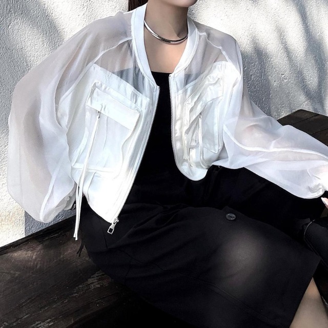 Pocket strap sheer zip blouson 2 colors　V3029