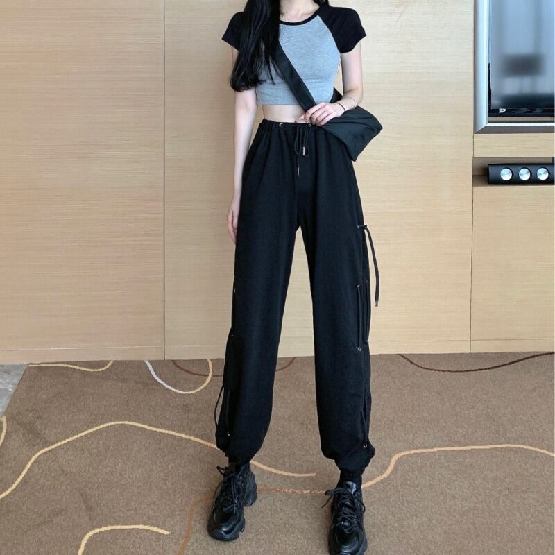 ブラックハイウエストルーズオーバーオールブルマレディース秋ドローストリングシューズパンツ2020新作シンカジュアルパンツ ブラックストロベリース96987415805