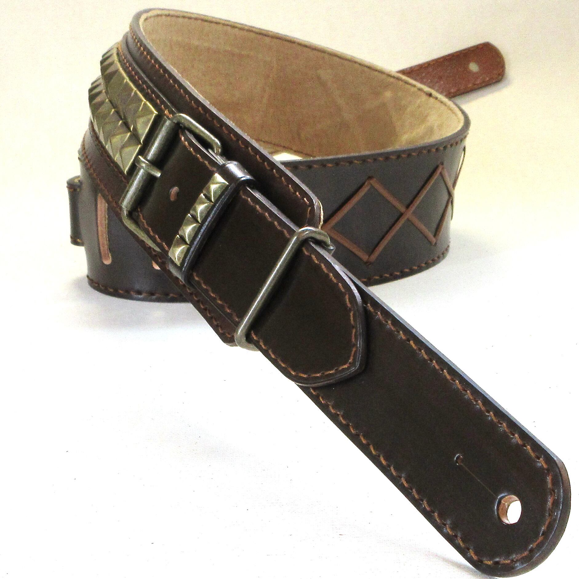 本革製ギター・ストラップ（角鋲／ブラウンレザー）st220 | wizardleather