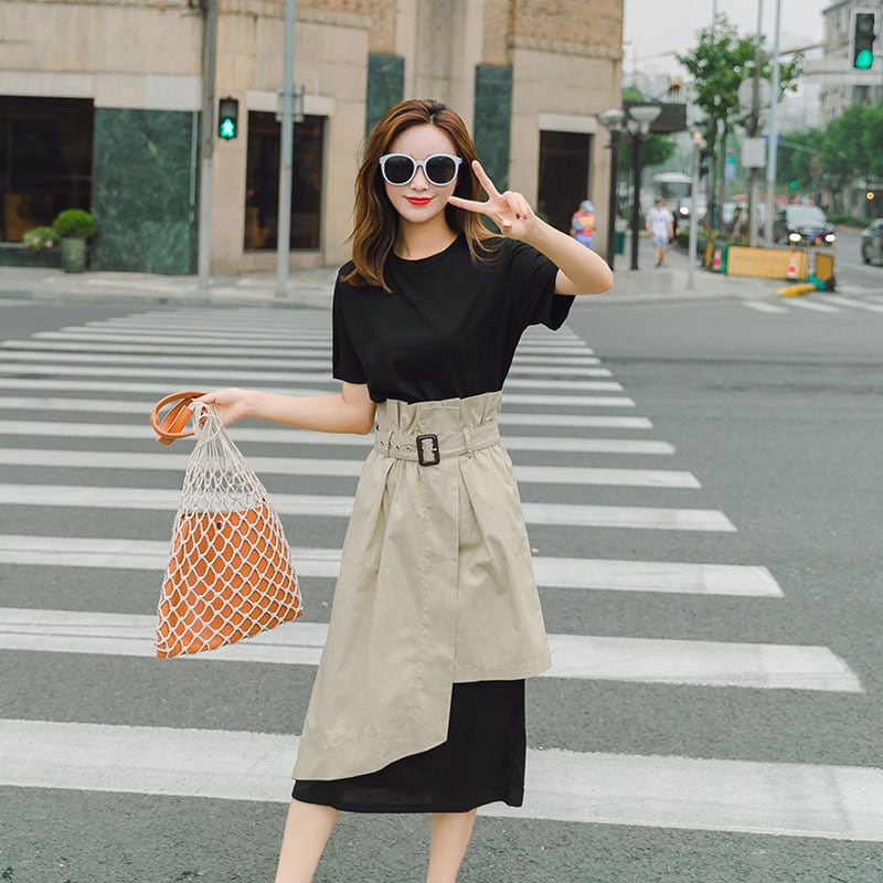 即納 ワンピース トレンチ風 スカート付き ミモレ丈 Tシャツ 大人コーデ Na Na Iro