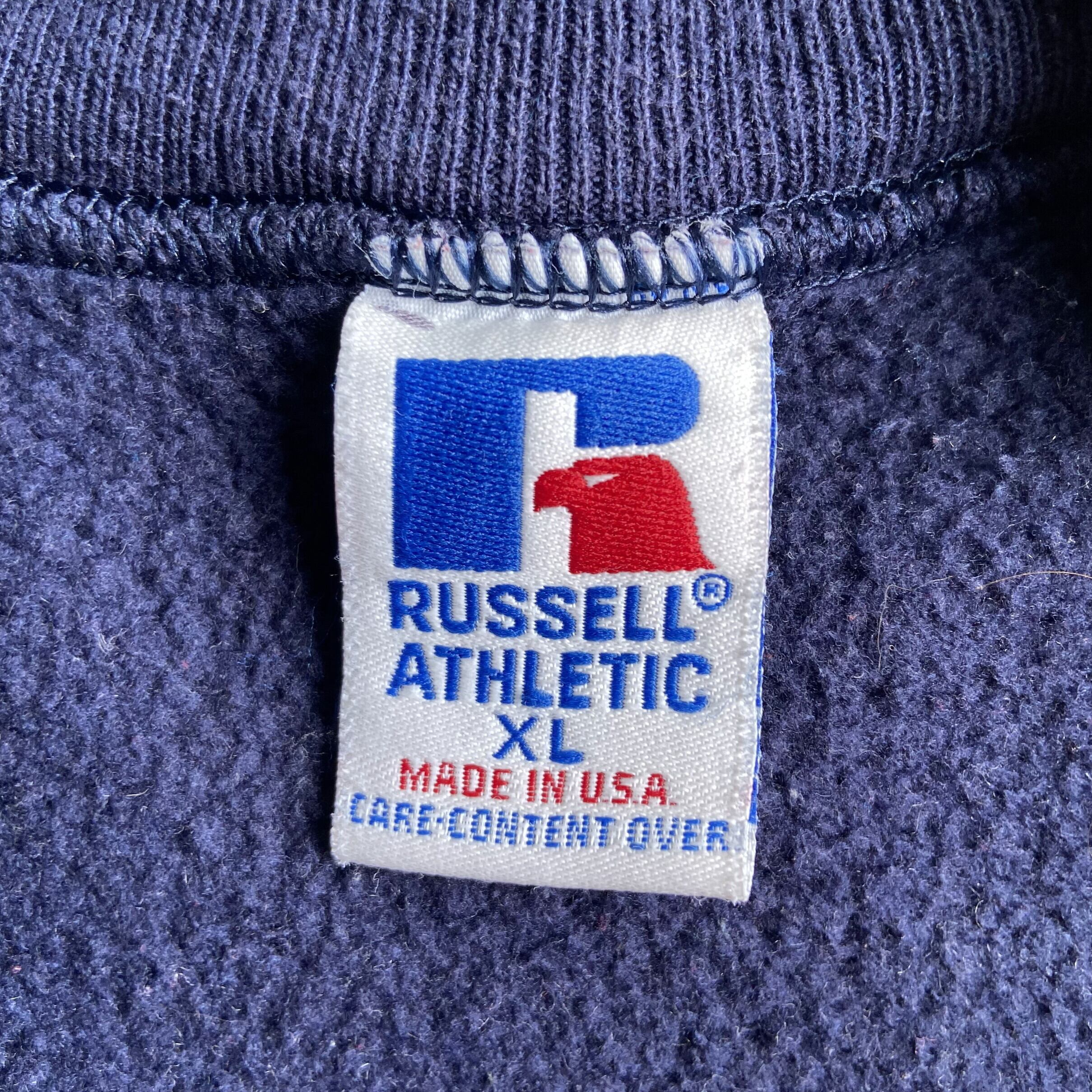 [USA製]90s ラッセルナイロンゲームシャツ 刺繍カレッジロゴオーバーサイズ USA製 90年代 ラッセル カレッジ 2段 ロゴプリント スウェットシャツ