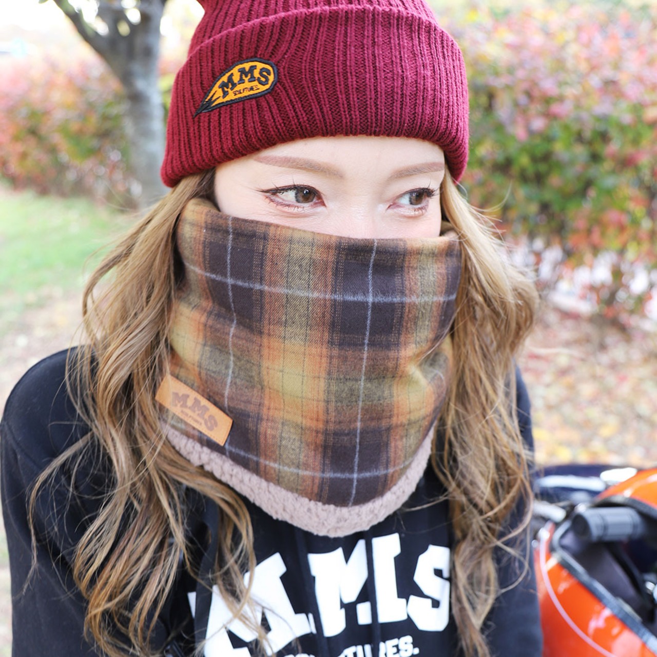 ROBIN NECK WARMER /タータンチェック（ORANGE）&ブラウンファー