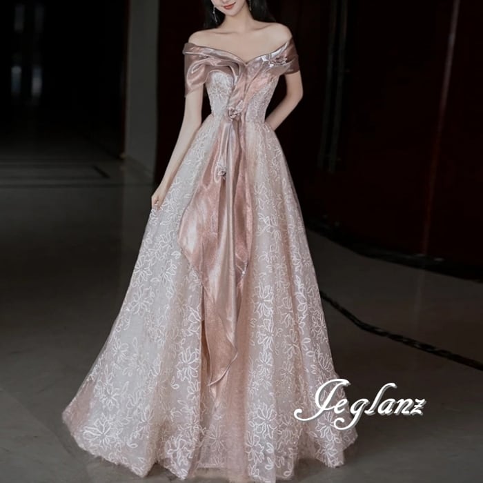 パーティ イブニングドレス 花柄 オフショル シャイニー 光沢感(MB194)ζ