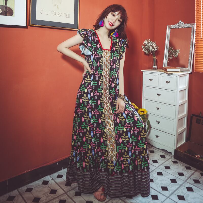 タイの休暇Shao Yuelunネット赤印刷ホリデードレスボヘミアンエスニックスタイル花びらスリーブステッチロングスカート 延命家ファッション3380833