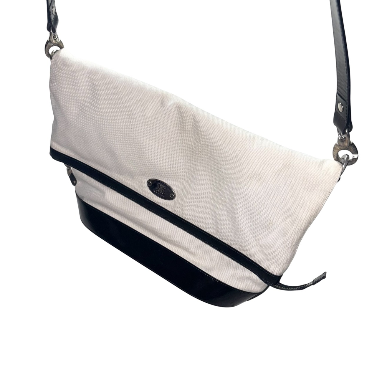 CELINE white canvas × black patent leather flap shoulder bag