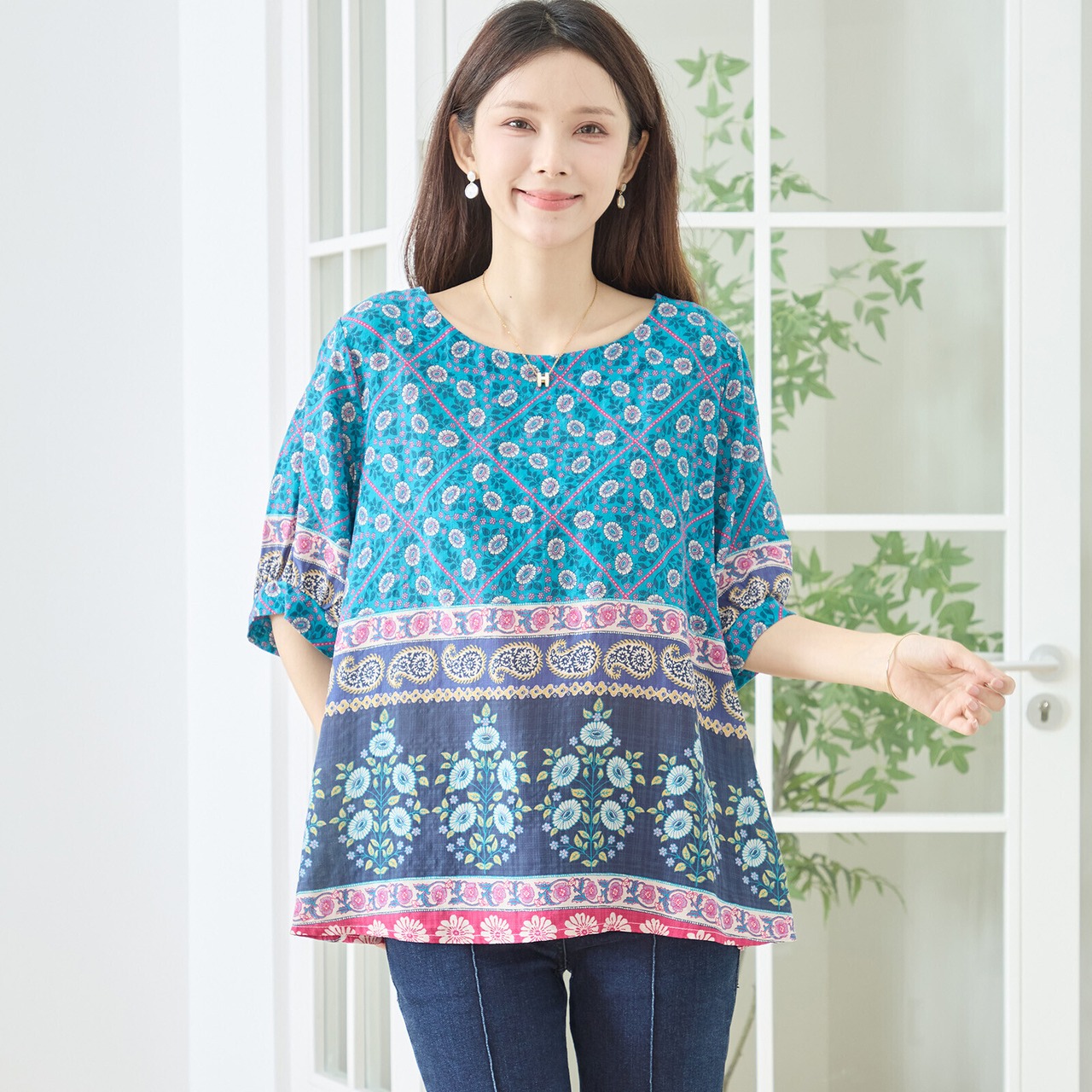 TRUBE エスニックダイヤ×ペイズリーボーダートップス【M~L】ネイビー