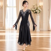 社交ダンス 衣装 Dance fashion design room ドレス ワンピース ラテン ブラック系 黒 レース デモ 競技 ダンス パーティ 発表会 軽い 薄い 長袖 上品 高級感 舞台衣装 エレガント 上品
