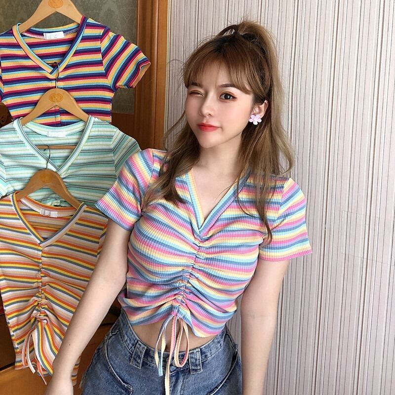 ストライプTシャツ サマーVネックショート薄手トップス 夏物 ハンチェンe81801502315