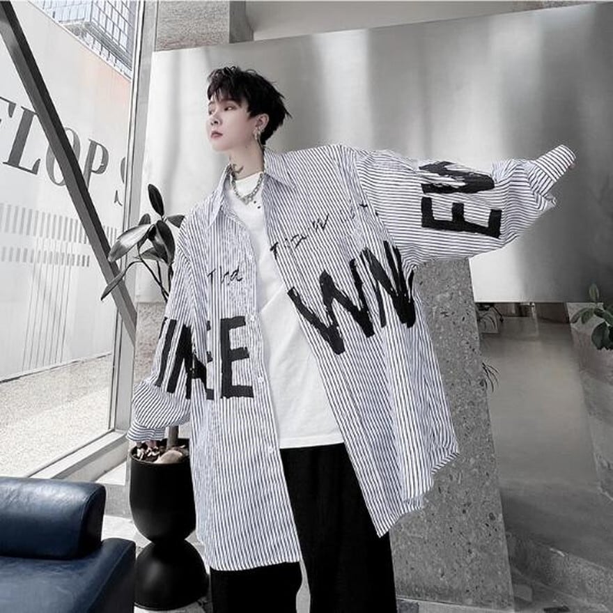 サブカル 服 地雷系 通販 シャツ オーバーサイズ ストライプ柄 ビッグロゴ バックロゴ入り かっこいい クール キレカジ イケメン