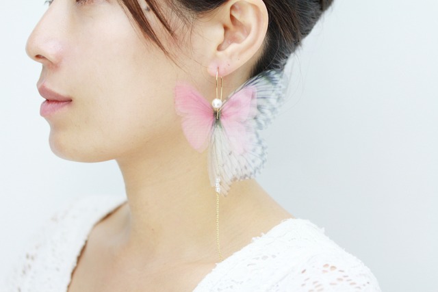 蝶ピアス(イヤリング変更可)Pink Diamond Fairy Dream Chain Earring