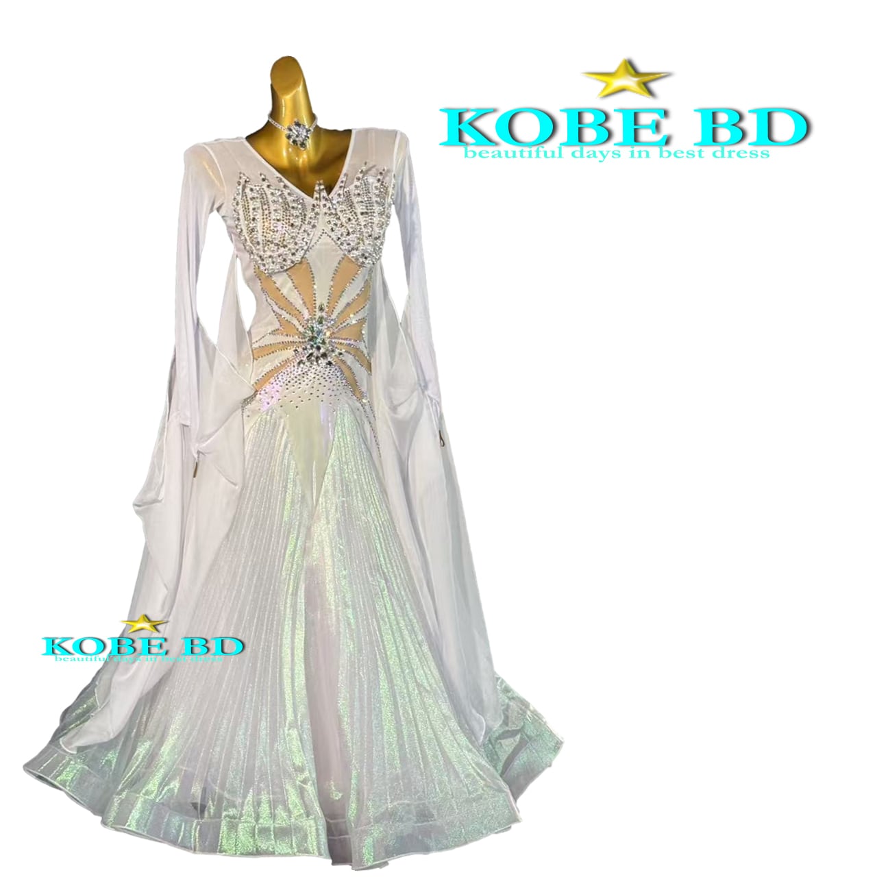 競技会に最適✨ストーン付きスタンダードドレス！白色　Mサイズ 8カラー サイズ指定可 社交ダンス モダンドレス 衣装 大きいサイズ