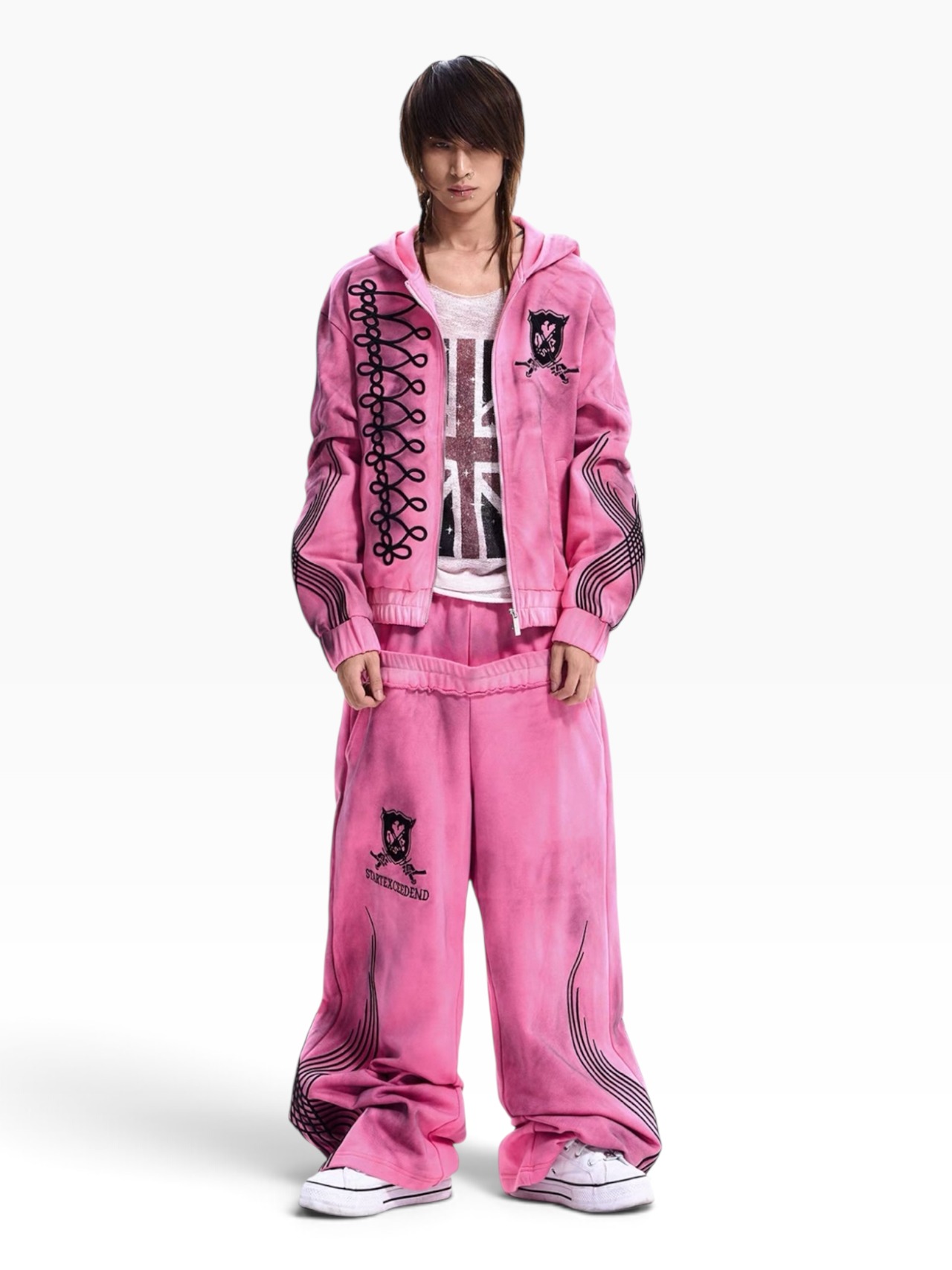 【STARTEXCEEDEND】DOUBLE WAIST EMBROIDERED WIDE LEG SWEATPANTS