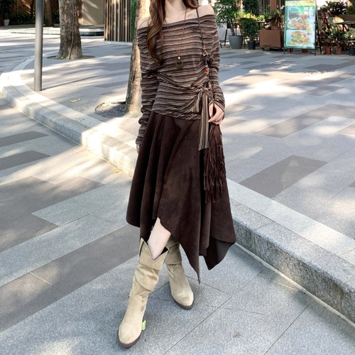 【2点セット】2色／ウエストリボンオフショルボーダートップス＋イレヘムスカート ・72366