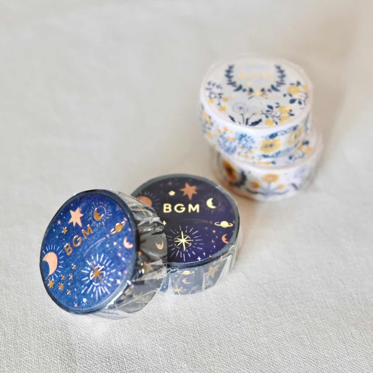 【 完売 】グリッターマスキングテープ 宇宙 5m|ネイビー 月と星 天体 キラキラ ゴールド箔 レトロ 雑貨屋