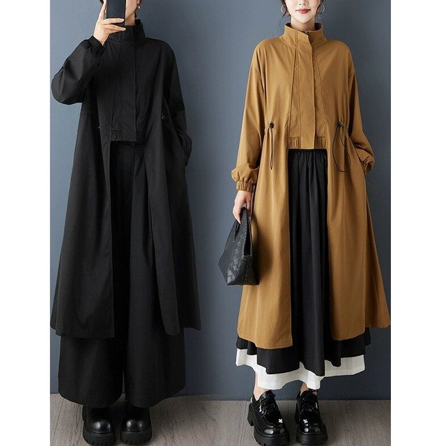 SOLID STAND COLLAR A-LINE HIGH-LOW HEM JACKET COAT 2colors M-15066